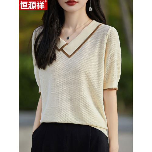 恒源祥桑蠶絲短袖女T恤夏季新款寬松顯瘦娃娃領針織衫上衣半袖