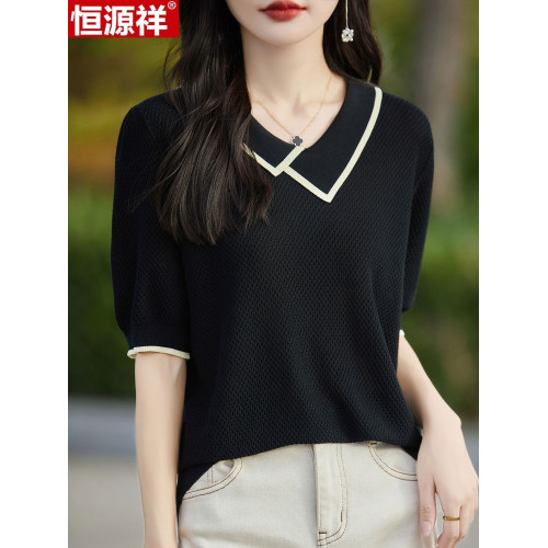 恒源祥桑蠶絲短袖女T恤夏季新款寬松顯瘦娃娃領針織衫上衣半袖