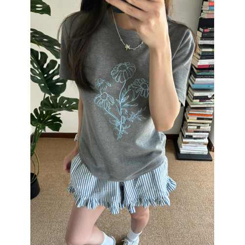 韓版衣服圓領印花短袖女T恤2025新款夏寬松慵懶半袖氣質百搭上衣