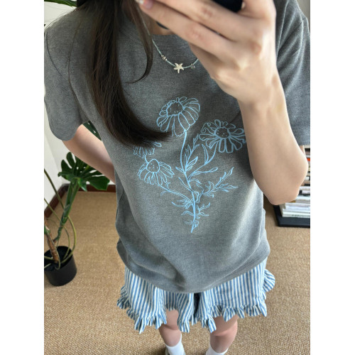 韓版衣服圓領印花短袖女T恤2025新款夏寬松慵懶半袖氣質百搭上衣