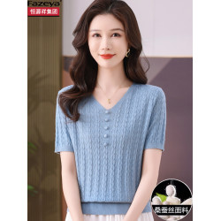 桑蠶絲媽媽短袖女t恤2025新款夏季薄款冰絲針織衫v領正肩短款上衣
