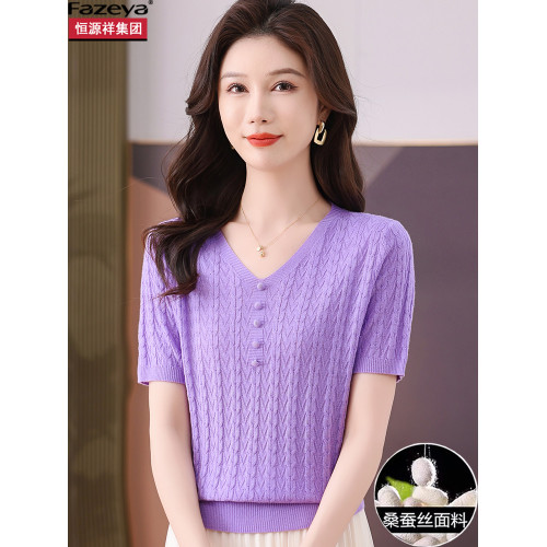桑蠶絲媽媽短袖女t恤2025新款夏季薄款冰絲針織衫v領正肩短款上衣