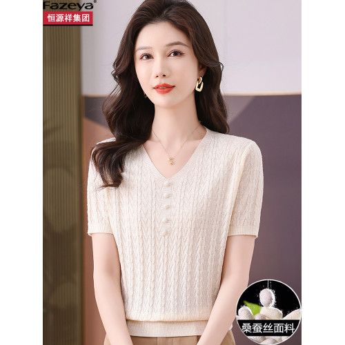 桑蠶絲媽媽短袖女t恤2025新款夏季薄款冰絲針織衫v領正肩短款上衣