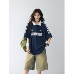 「CHANT2nd」美式華夫格polo衫短袖女t恤夏撞色拼接條紋翻領上衣