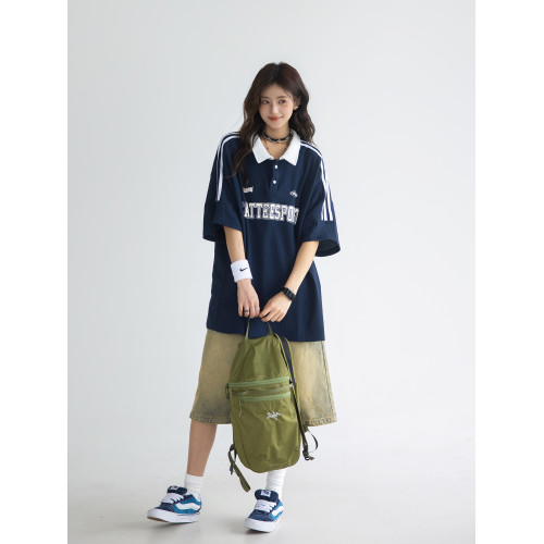 「CHANT2nd」美式華夫格polo衫短袖女t恤夏撞色拼接條紋翻領上衣