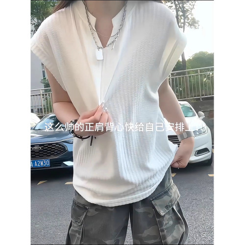 白色肌理感冰絲v領背心男女夏季薄款速乾運動汗衫無袖t恤美式坎肩
