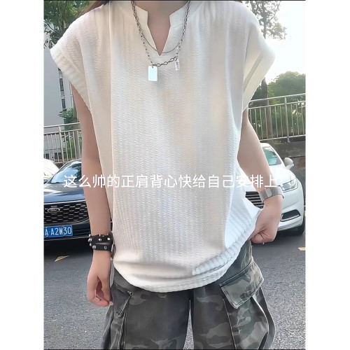 白色肌理感冰絲v領背心男女夏季薄款速乾運動汗衫無袖t恤美式坎肩