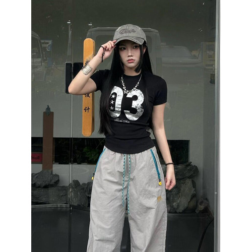 美式復古正肩短袖女T恤2025新款街頭辣妹做舊裂紋字母印花上衣潮