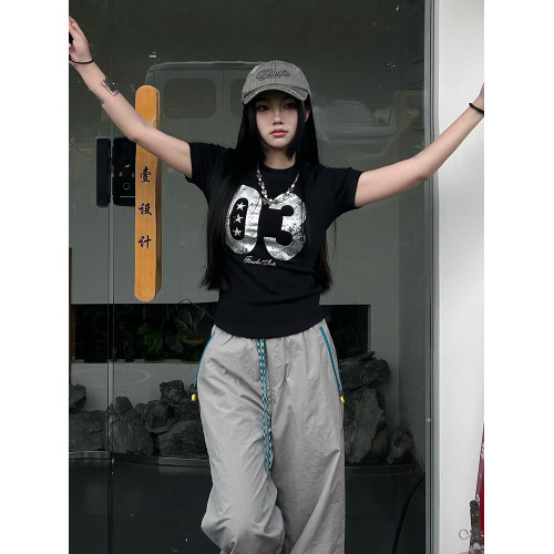 美式復古正肩短袖女T恤2025新款街頭辣妹做舊裂紋字母印花上衣潮