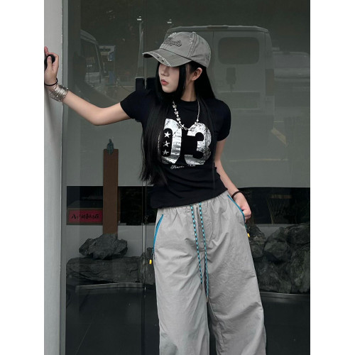 美式復古正肩短袖女T恤2025新款街頭辣妹做舊裂紋字母印花上衣潮