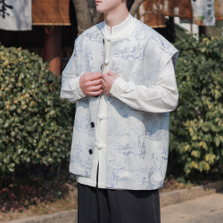 開源 風春夏無袖馬甲男 新中式穿搭 提花盤釦唐裝坎肩 國潮