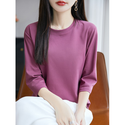 七分袖女t恤純棉中袖新款春秋季圓領寬松休閒上衣打底衫半袖正肩