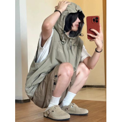 日系山系戶外連帽工裝馬甲男女肌理感無袖坎肩口袋拉鍊機能風外套