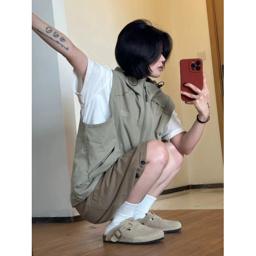 日系山系戶外連帽工裝馬甲男女肌理感無袖坎肩口袋拉鍊機能風外套