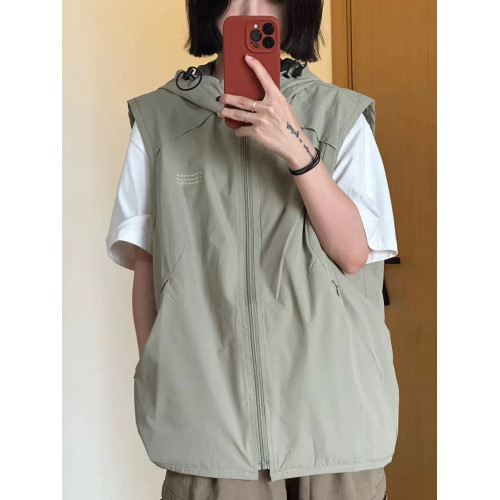 日系山系戶外連帽工裝馬甲男女肌理感無袖坎肩口袋拉鍊機能風外套