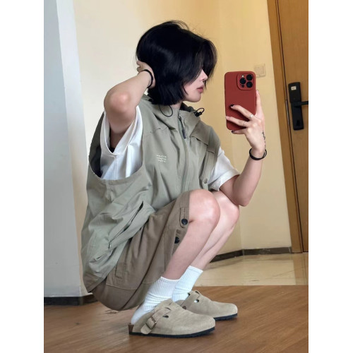 日系山系戶外連帽工裝馬甲男女肌理感無袖坎肩口袋拉鍊機能風外套