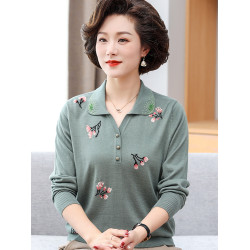 媽媽款秋裝翻領上衣服中年婦女T恤打底衫50-60嵗中老年人春秋套裝