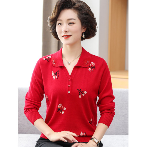 媽媽款秋裝翻領上衣服中年婦女T恤打底衫50-60嵗中老年人春秋套裝
