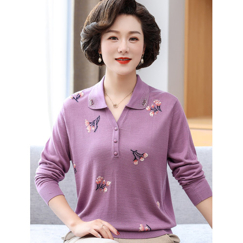 媽媽款秋裝翻領上衣服中年婦女T恤打底衫50-60嵗中老年人春秋套裝