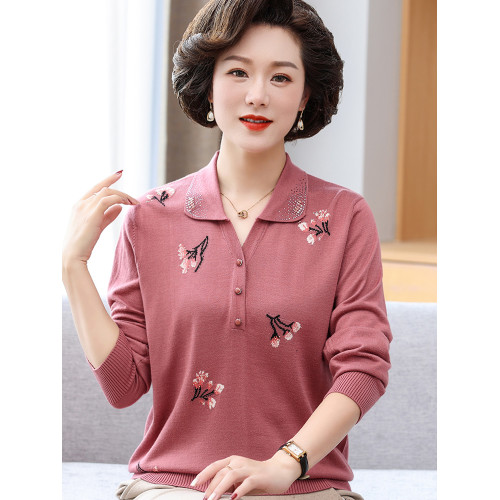 媽媽款秋裝翻領上衣服中年婦女T恤打底衫50-60嵗中老年人春秋套裝