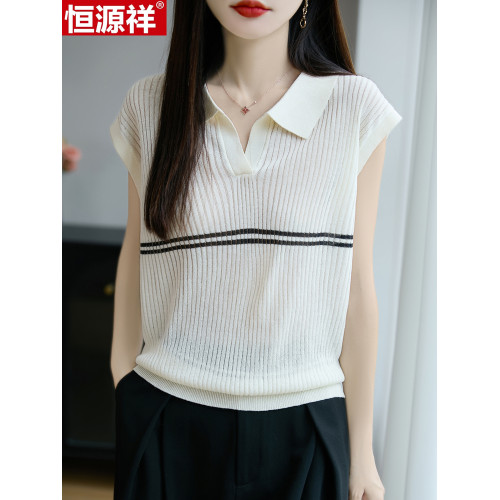 恒源祥純桑蠶絲短袖女T恤夏季新款寬松翻領針織上衣時尚拼色真絲