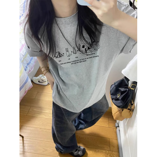 純棉短袖女t恤2025新款夏季設計感小衆美式寬松半袖休閒圓領上衣