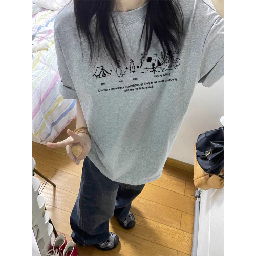 純棉短袖女t恤2025新款夏季設計感小衆美式寬松半袖休閒圓領上衣