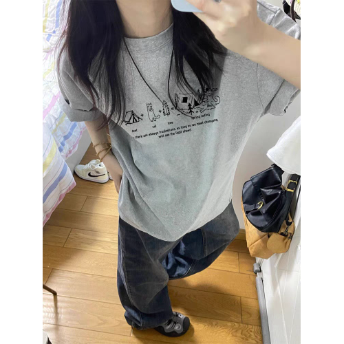 純棉短袖女t恤2025新款夏季設計感小衆美式寬松半袖休閒圓領上衣