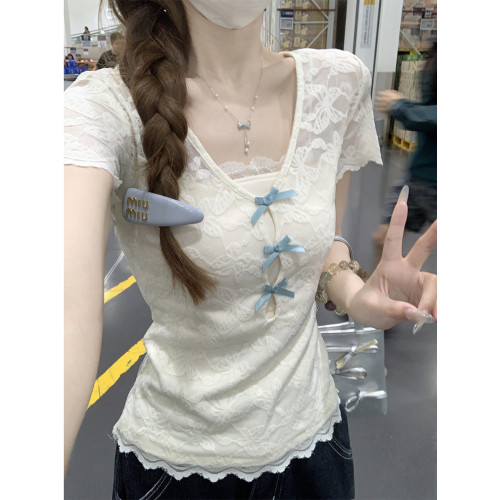 拉夏貝爾蕾絲鉤花V領花邊短袖女t恤2025夏季純欲風溫柔甜辣妹上衣