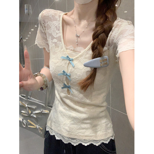 拉夏貝爾蕾絲鉤花V領花邊短袖女t恤2025夏季純欲風溫柔甜辣妹上衣