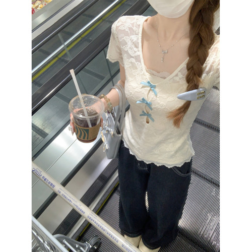 拉夏貝爾蕾絲鉤花V領花邊短袖女t恤2025夏季純欲風溫柔甜辣妹上衣