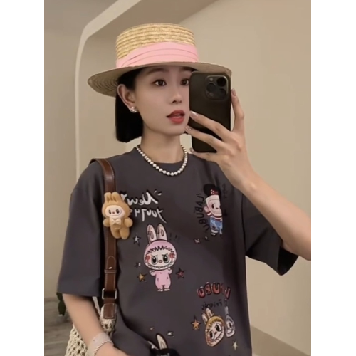 深灰色印花短袖女t恤2025新款爆款歐貨炸街減齡洋氣休閒氣質上衣