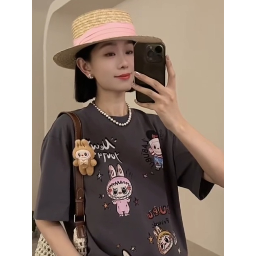 深灰色印花短袖女t恤2025新款爆款歐貨炸街減齡洋氣休閒氣質上衣