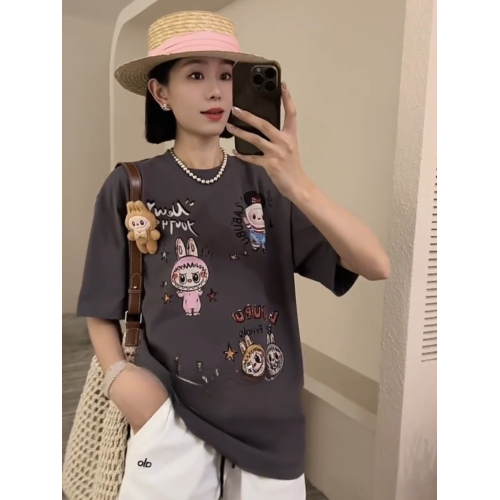 深灰色印花短袖女t恤2025新款爆款歐貨炸街減齡洋氣休閒氣質上衣