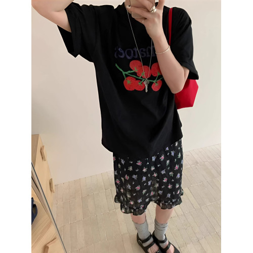韓版簡約印花短袖女T恤新款夏季小衆設計感休閒百搭黑色顯瘦上衣