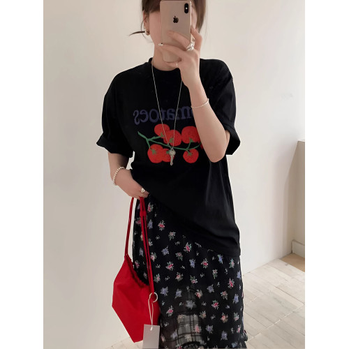 韓版簡約印花短袖女T恤新款夏季小衆設計感休閒百搭黑色顯瘦上衣