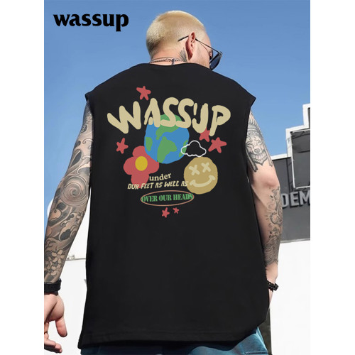 WASSUP潮牌背心t恤男女生運動健身籃球無袖夏季休閒純棉坎肩男ins