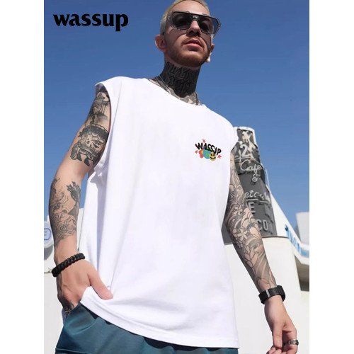 WASSUP潮牌背心t恤男女生運動健身籃球無袖夏季休閒純棉坎肩男ins