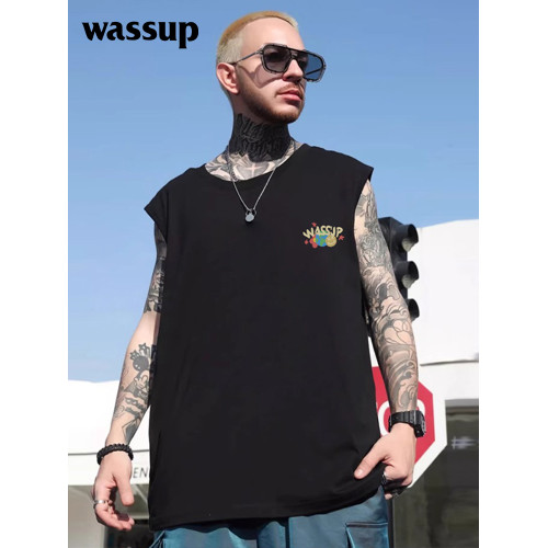 WASSUP潮牌背心t恤男女生運動健身籃球無袖夏季休閒純棉坎肩男ins