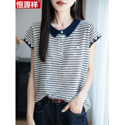 恒源祥純桑蠶絲短袖女T恤夏季新款寬松娃娃領針織上衣條紋真絲