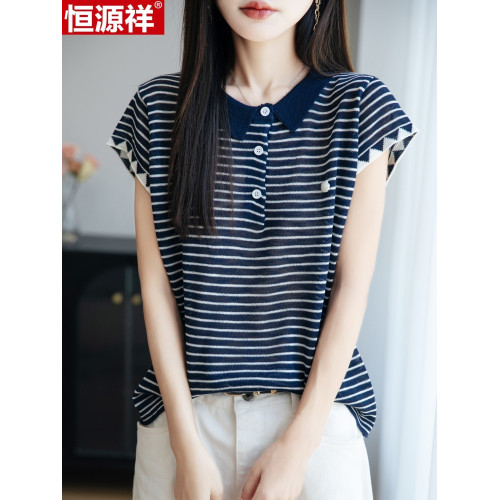 恒源祥純桑蠶絲短袖女T恤夏季新款寬松娃娃領針織上衣條紋真絲