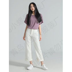 夏季貢緞綿綢圓領上衣薄款短袖上衣大碼寬松人造棉高級緞紋女T恤