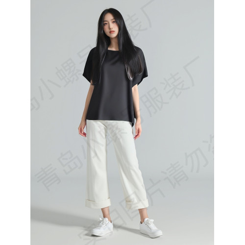夏季貢緞綿綢圓領上衣薄款短袖上衣大碼寬松人造棉高級緞紋女T恤