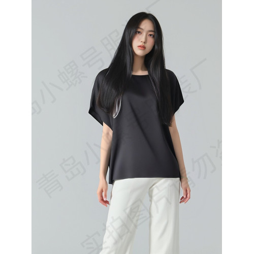 夏季貢緞綿綢圓領上衣薄款短袖上衣大碼寬松人造棉高級緞紋女T恤