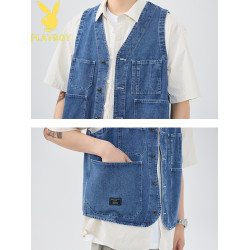 花花公子品牌夏季純棉工裝牛仔馬甲大口袋v領休閒無袖坎肩馬夾男