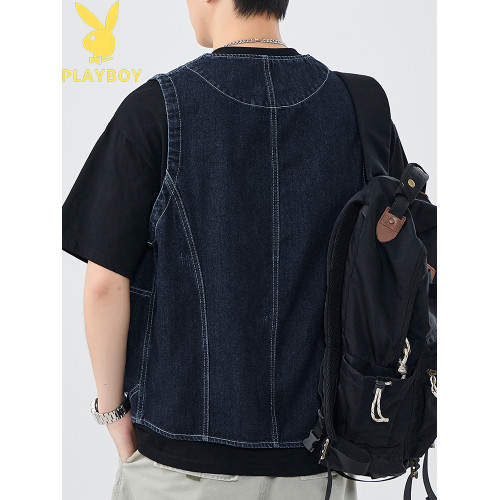 花花公子品牌夏季純棉工裝牛仔馬甲大口袋v領休閒無袖坎肩馬夾男