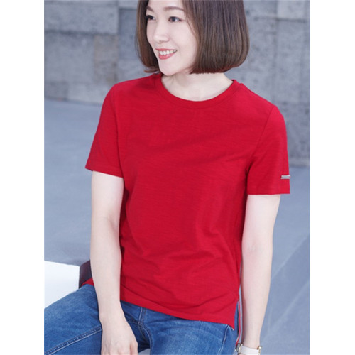 橫行道廓形純棉薄款夏裝媽媽下擺開叉本命年大紅色寬松短袖女T恤