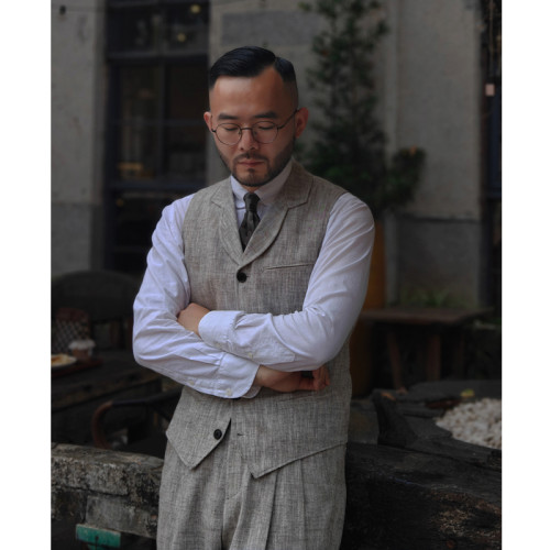 Plan B 春秋意式棉麻休閒馬甲vintage復古人字紋西裝馬甲外套男