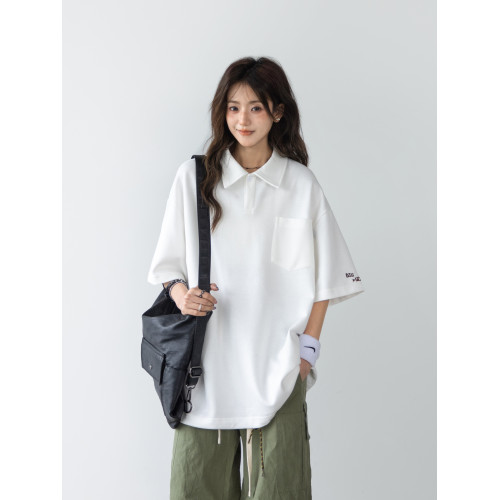 「CHANT'2nd」簡約貼袋polo衫短袖女t恤夏復古寬松高級感翻領上衣