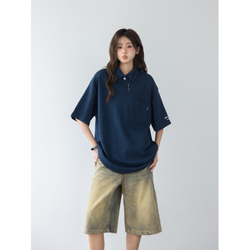「CHANT'2nd」簡約貼袋polo衫短袖女t恤夏復古寬松高級感翻領上衣